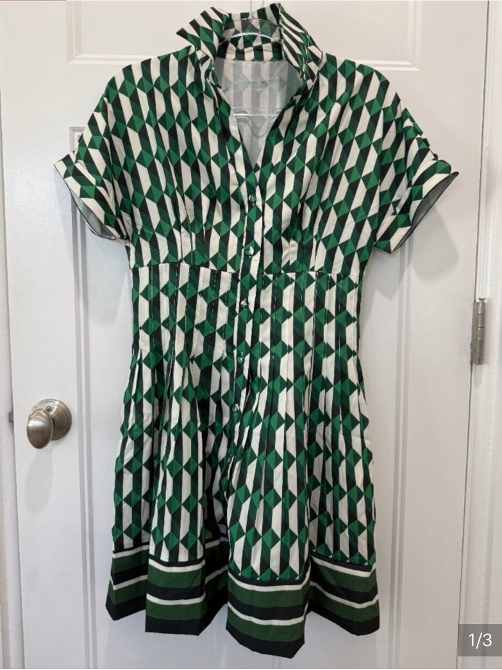 Brand New - Short Sleeves Button Up Geometric Print Mini Dress - Medium